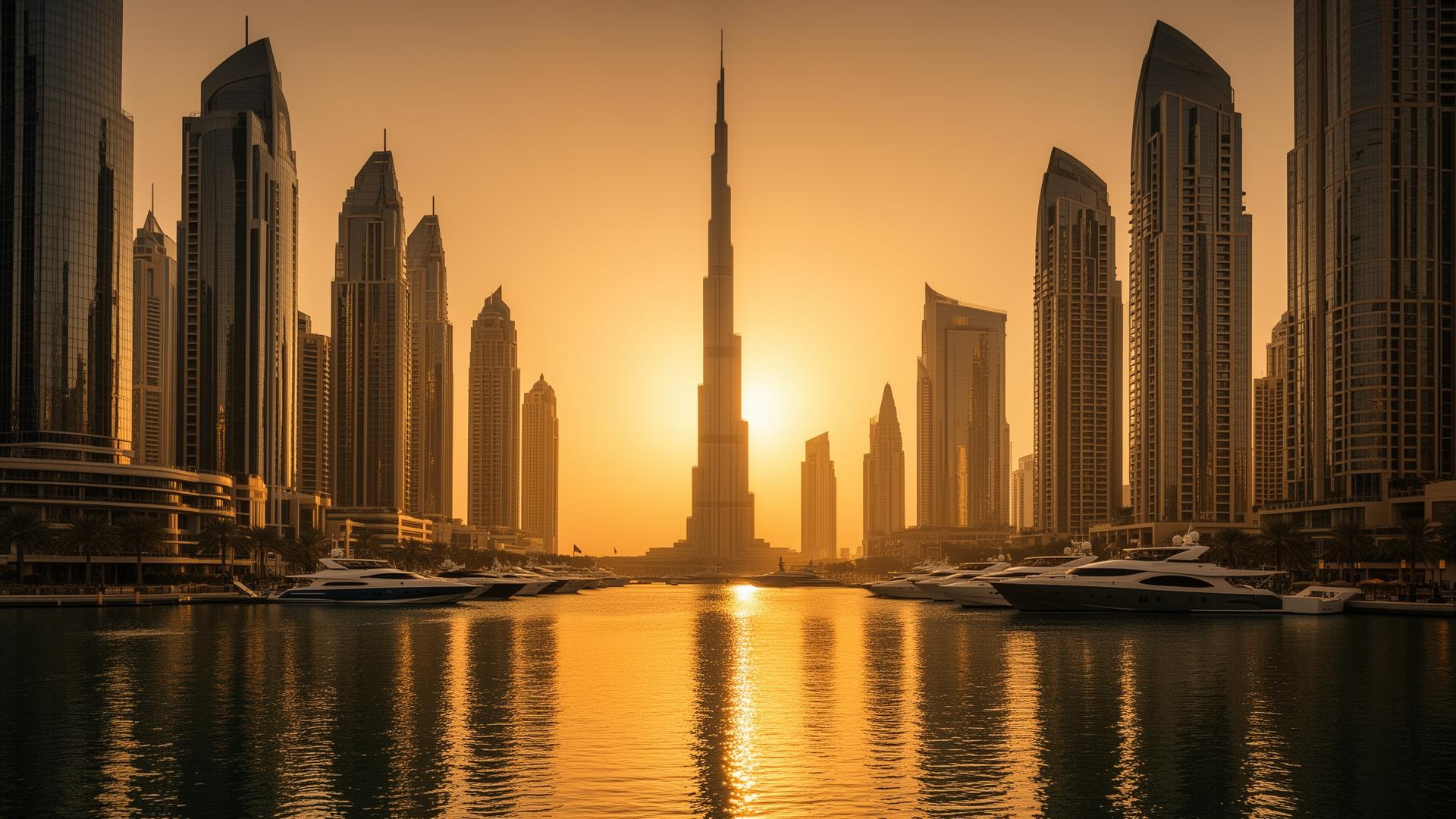 Dubai skyline bij gouden uur