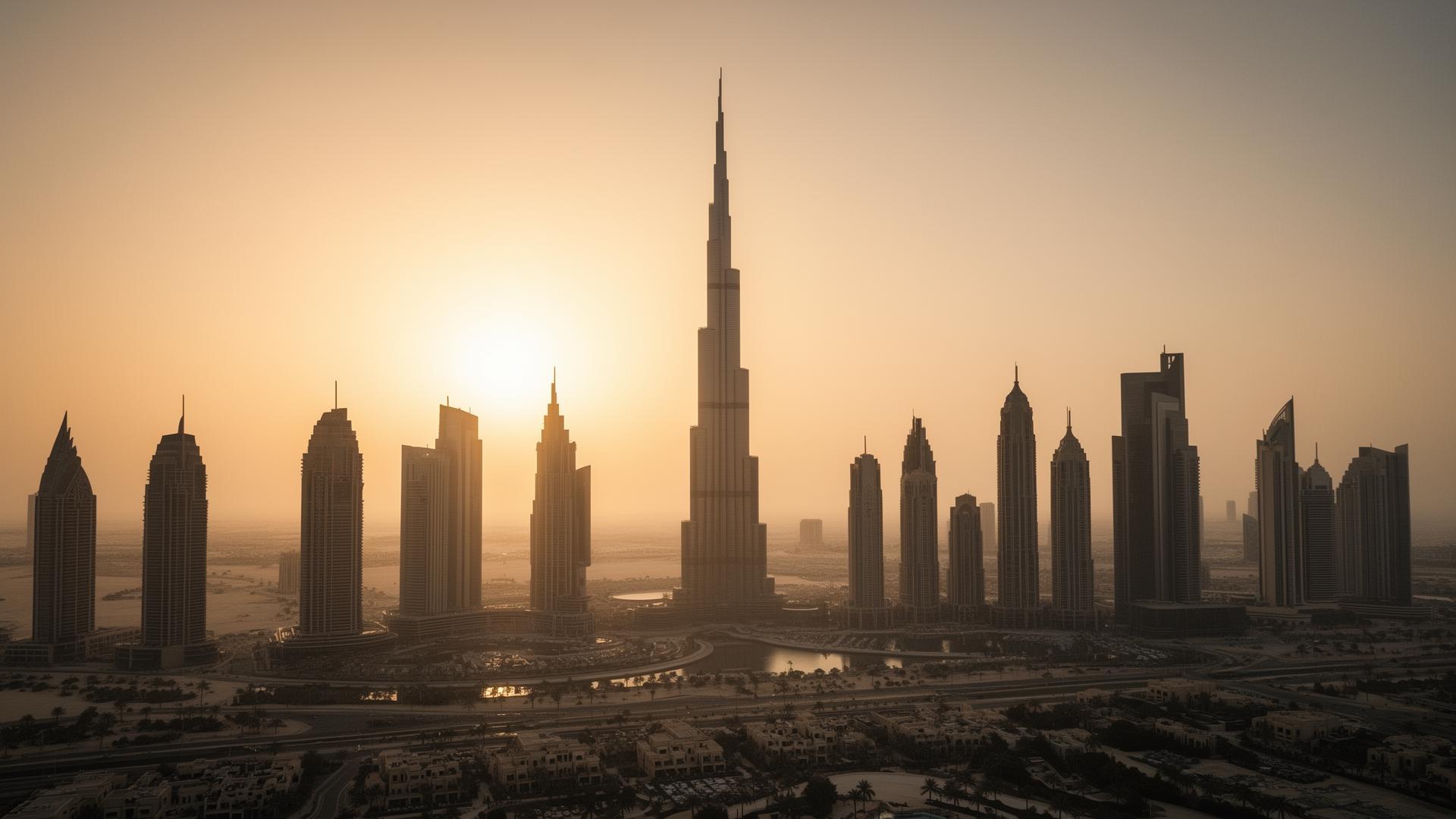 Dubai skyline bij zonsondergang